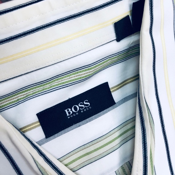 Hugo Boss White w/Yellow & Green Stripe Shirt 15.5 - Picture 3 of 3